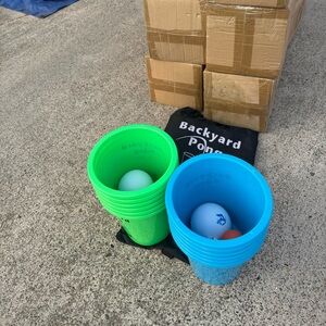 Backyard Pong Set with Green and Blue Buckets